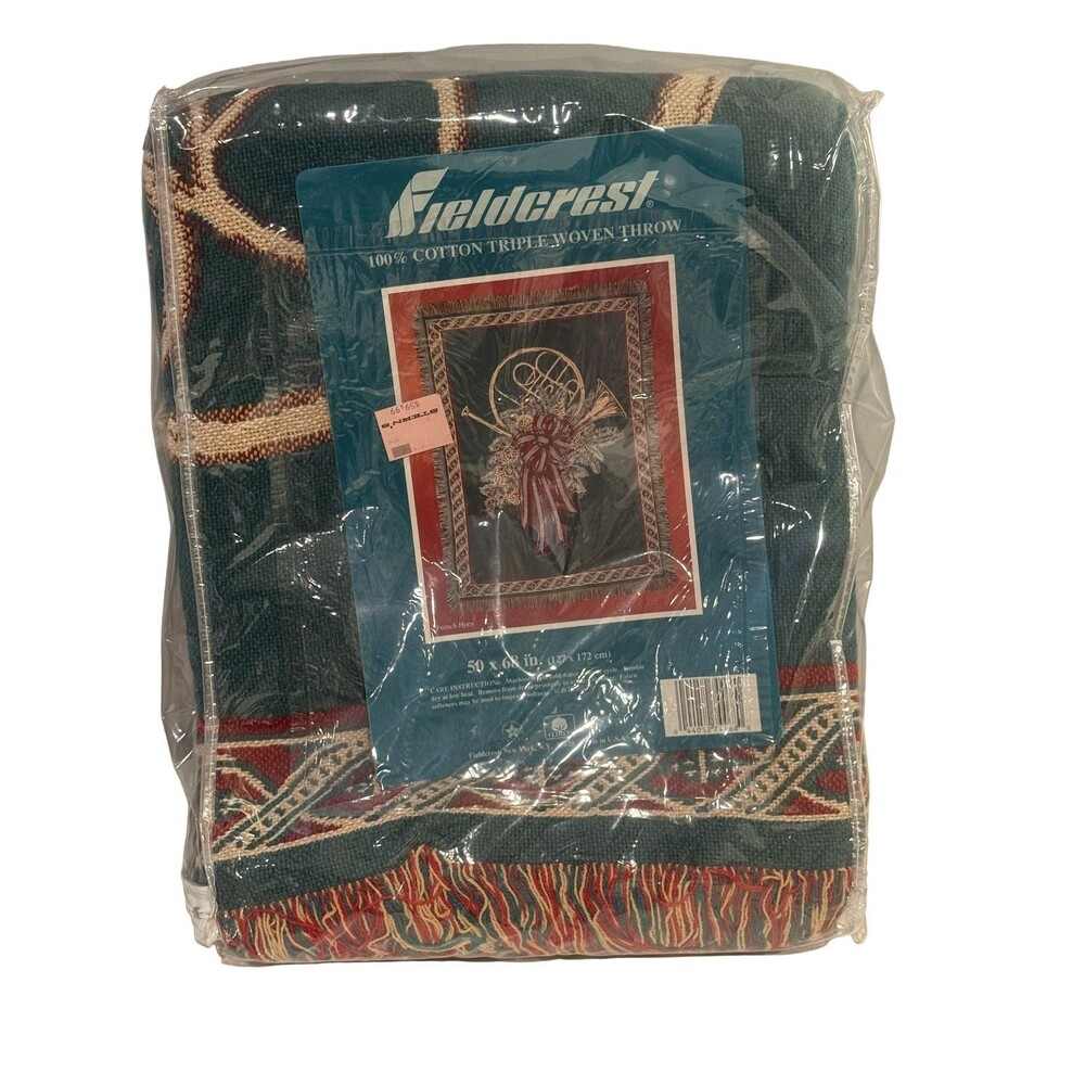 Fieldcrest Triple Woven Throw Blanket 50x68 Cotton French Horn Christmas USA